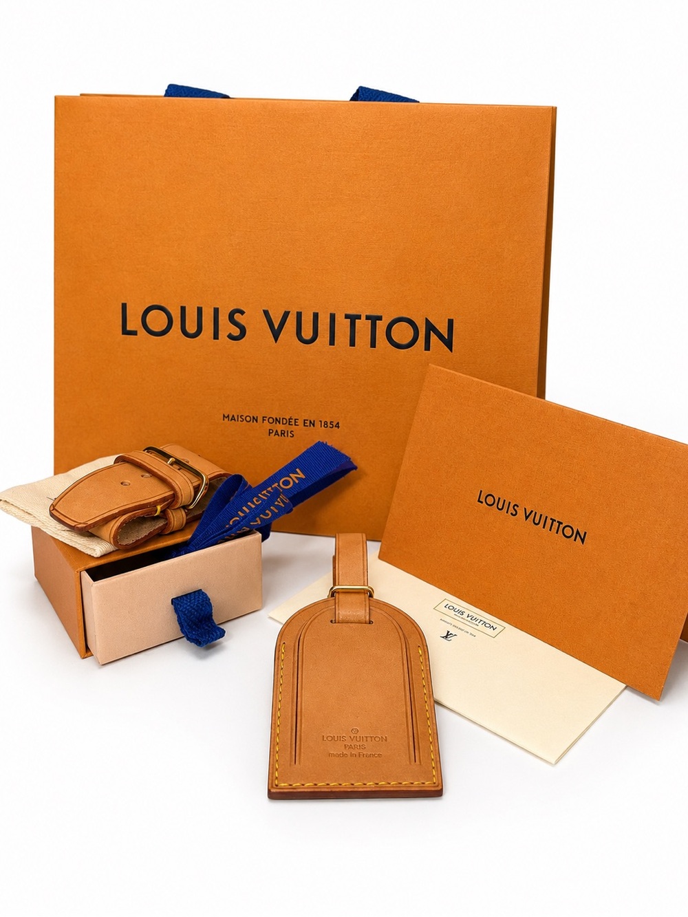 Louis Vuitton Vachetta Leather Luggage Tag & Belt Strap w Box Dust Bag
